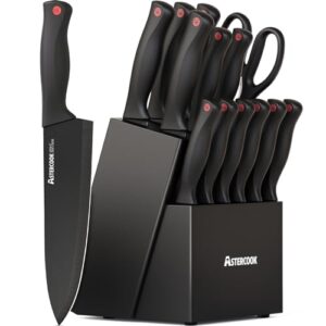 Knife Set, Astercook 15 Pieces Knife Sets for Kitchen with Block, Dishwasher Safe Kitchen Knife Set with Built in Sharpener Block, German Stainless Steel Knife Block Set, Valentine's Gift