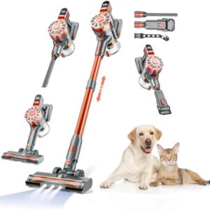 WLOTPO Cordless Vacuum Cleaner for Home,Lightweight Stick Vacuum Cordless Rechargeable with Power Suction, Up to 35 Mins Runtime, Hardwood Floor Vacuum for Pet Hair,Carpets,Tile(Red Grey)