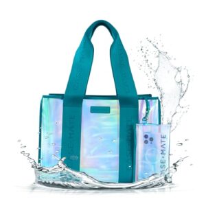 Case-Mate Emerald Blue Jelly Tote – Iridescent Tote Bag with Phone Pouch for Women – Waterproof, Tip-Proof, Foldable & Washable – Handbag for Everyday Use, Travel, Pool & Vacation - Large
