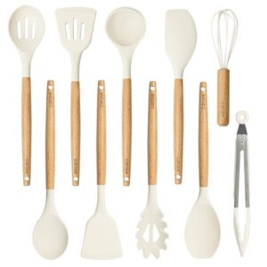 CAROTE Silicone Cooking Utensils Set, Kitchen Utensils Set 10 Pcs for cooking, BPA Free Spatula Set with Heat Resistant Wood Handles for Nonstick Cookware (Cream White)