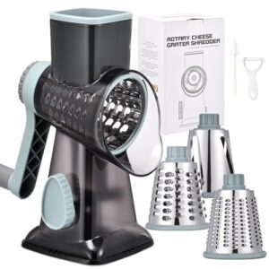 Rotary Cheese Grater with Handle Kitchen Shredder Slicer Grater Slicer Ice Shaver Cheese Vegetable Nuts Potato Zucchini Chocolate 3 Interchangeable Blades (GreyBlue