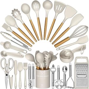 Cooking Utensils Set- Umite Chef Khaki Silicone Kitchen Utensils Set, 34PCS Heat Resistant Kitchen Gadgets Tools Set with Grater, Wooden Handle Kitchen Spatula Set for Nonstick Cookware