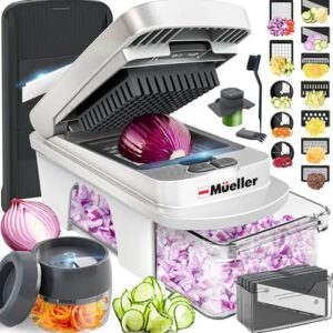 Mueller Pro-Series All-in-One, 12 Blade Mandoline Slicer for Kitchen, Food Chopper, Vegetable Slicer and Spiralizer, Cutter, Dicer, Grater, Kitchen Gadgets Sets with Container, White Sand/Gray