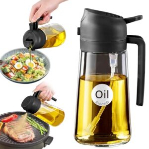 YARRAMATE 16oz/470ml Glass Olive Oil Sprayer for Cooking with Stickers, 2 in 1 Oil Dispenser for Kitchen Gadgets, Food Grade Premium Spray Bottle with Portion Control for Salad, Frying, BBQ (Black)