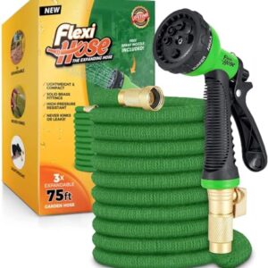Flexi Hose with 8 Function Nozzle, 50FT - Lightweight Expandable Garden Hose, No-Kink Flexibility, 3/4 Inch Solid Brass Fittings and Double Latex Core - Green