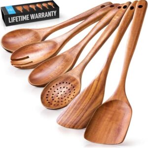 Zulay Kitchen 6 Piece Wooden Spoons for Cooking – Natural Teak Wooden Utensil Set, Easy to Clean, Durable, Smooth with Comfort Grip - Non Toxic Wooden Cooking Utensil Sets