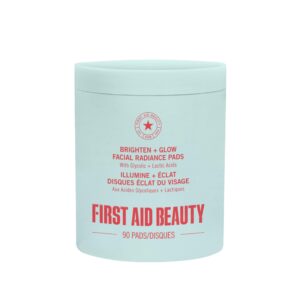 First Aid Beauty - Facial Radiance Pads with Glycolic & Lactic Acids, Daily Exfoliating Pads with AHA, Visibly Smaller Pores, Help Tone & Brighten Skin, One-Step Makeup Prep, Compostable, 90ct