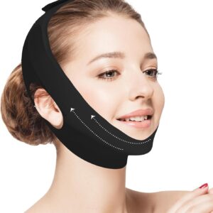 Jawline Shaper Chin Strap for Sleeping, Reusable V-Line Mask for Women Face Lifting Made w/Electric-Hot-Press Tech for Skin-Friendly & Breathable Cooling Fabric (Black, One Size)