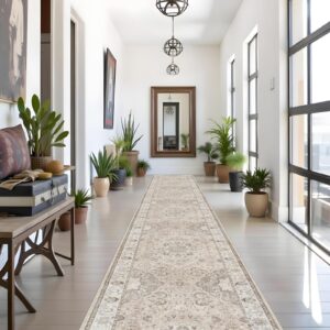 Hallway Washable Runner Rug - 3x16 Kitchen Rugs Entryway Rug Runner Vintage Soft Floor Mat Non Slip Indoor Farmhouse Carpet for Bathroom Living Room Bedroom (3 X 16, Beige)