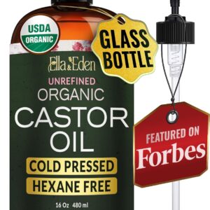 Ella & Eden USDA Organic Castor Oil – Cold Pressed Hexane-Free - Glass Bottle - For Hair Growth, Face, Eyelash, Skin, Stomach - 100% Pure Unrefined 16 Fl Oz