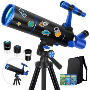 Hawkko Telescope for Adults & Kids Beginners, 80mm Aperture 500mm Telescopes for Adults Astronomy, (20X-150X) Portable Refractor Telescope Kit with Decorate Stickers, Backpack, Phone Adapter-BlackBlue