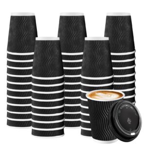 BYSNOW 100 Pack 8 oz Coffee Cups with Lids, Disposable Insulated Hot Cups To Go Paper Coffee Cups, Corrugated Ripple Wall Cup for Hot Drink, Office, Coffee Bar (Black 8 oz)