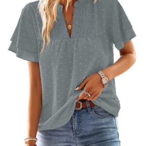 Falechay Womens Tops Butterfly Sleeve V Neck Blouses for Women Dressy Casual Flowy Swiss Dot Ruffle Short Sleeve Shirts