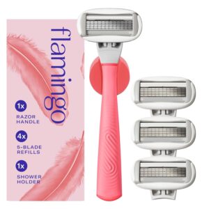 Flamingo Shaving Razor Set for Women - Original Razor Handle, 4 Blade Refills, and Shower Holder - Pink