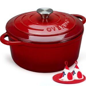 Overmont Enameled Cast Iron Dutch Oven - 7QT Pot with Lid Cookbook & Cotton Potholders - Heavy-Duty Cookware for Braising, Stews, Roasting, Bread Baking red