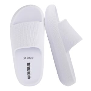CUSHIONAIRE Feather EVA Slides for Women – Comfortable Slip On Womens Slippers, Indoor Outdoor Shower Shoes, Beach Essential Cloud Slides