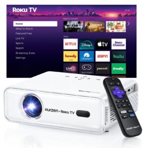 Aurzen Roku TV Smart Projector with Wifi and Bluetooth, Roku Streaming Experience Built-in, 1080P FHD, DoIby Audio, Auto Focus & Keystone, Zoom, Movie Portable Outdoor Mini Projector, White