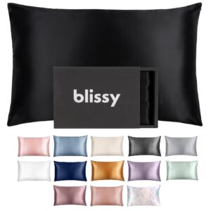 Blissy Silk Pillowcase - 100% Pure Mulberry Silk - 22 Momme 6A High-Grade Fibers - Silk Pillow Cover for Hair & Skin - Regular, Queen & King (Black, Queen)