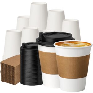 METAPRINT 100 Pack 12 oz Disposable Coffee Cups with Lids and Sleeves, Paper Coffee Cups for Hot/Cold Drinks, Leak-Proof To Go Cups with Lids for Home, Cafes, Events and Office