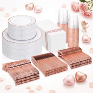 Supernal 400pcs Rose Gold Plastic Plates Disaposable Heavy Duty included Disposable Utensils& Plastic Party Plates Disaposable Party Cups and Napkins Sets for Valentine's Day Mother's Day and Easter
