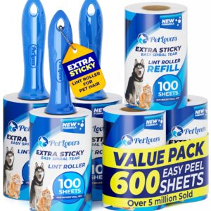 PetLovers Extra Sticky Lint Roller Mega Value Set 600 Sheets for Pet Hair Removal, Dog and Cat Lint Remover 6 Pack