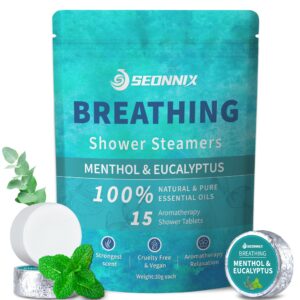 SEONNIX Shower Steamers Aromatherapy 15 Pack, Menthol & Eucalyptus Shower Bombs with Natural Essential Oils, Quick Relief Nasal Congestion, Relaxation & Self Care Gifts for Women & Men