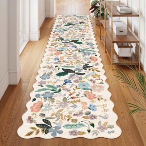 Washable Hallway 2'6x12 Runner Rug: Floral Scalloped Rug for Kitchen Entryway Farmhouse Soft Carpet for Bathroom Bedroom Thin Laudry Living Room Floor Mat with Non Slip Backing(2'6''x12',Cream)