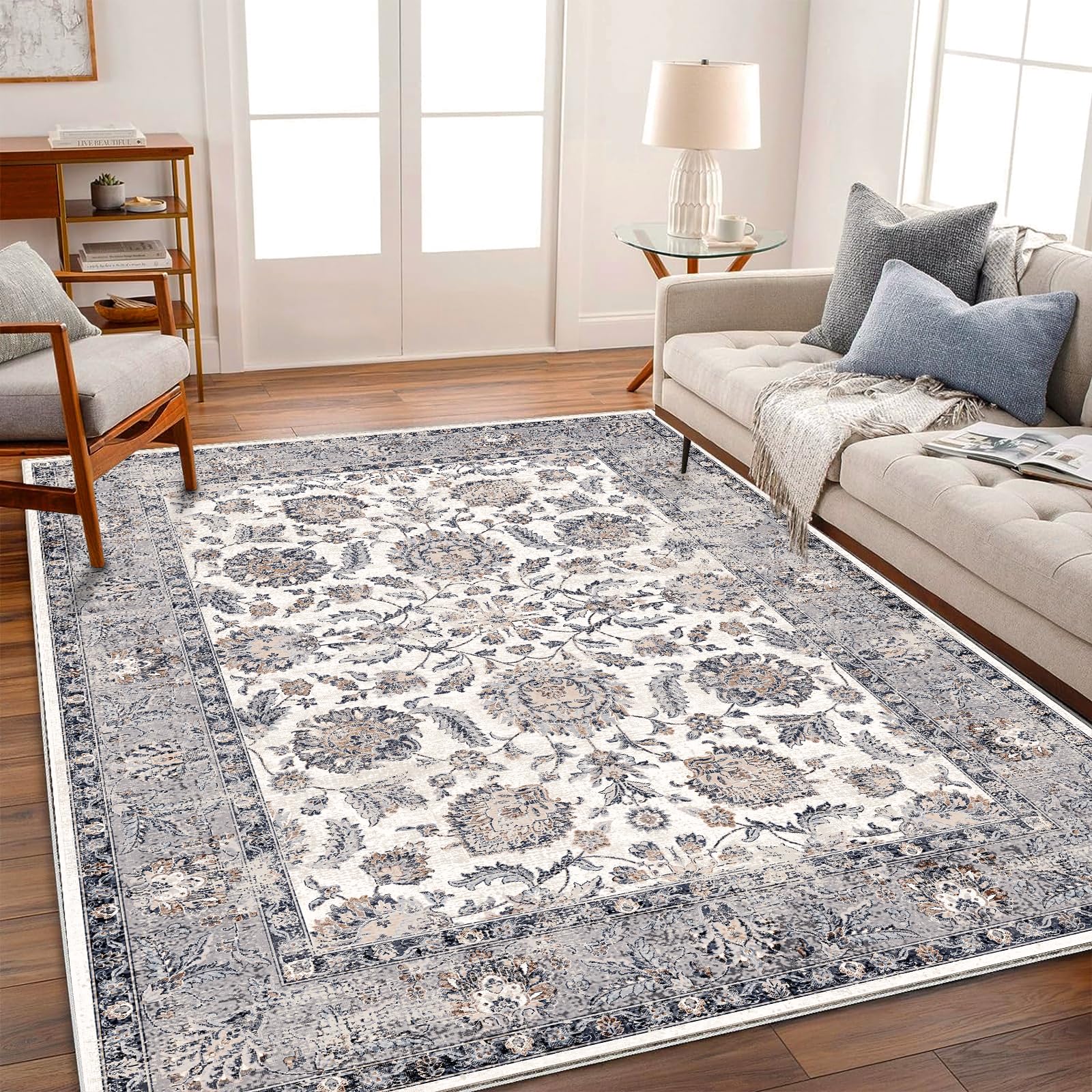 CHAMPLANT 8x10 Washable Area Rug Medallion Distressed Design Boho Medallion Non-Shedding Easy Care Ideal for High Traffic Areas in Living Room Bedroom Kitchen Office Coffee Table Large Carpet