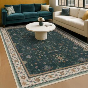 Hazo Haus Vintage Dark Green 6x9 Dining Room Rugs for Under Kitchen Table - Washable Livinig Room Rug - Unique Floral Pastel Low Pile Non-Slip Large Area Rugs for Bedroom
