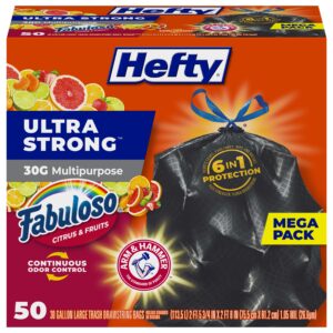 Hefty Ultra Strong 30 Gallon Trash Bags, Large Trash Bags 30 Gallon Size, Multipurpose, Break Resistant Drawstring Closure, Resists Leaks, Punctures, and Tears, Black, Fabuloso Scent, 50 Bags