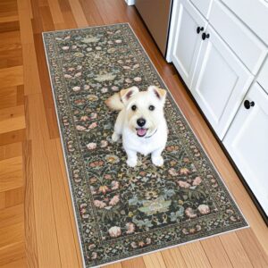 2x6 Washable Hallway Runner Rug: Vintage Floral Kitchen Rugs with Non-Slip Backing Low Pile Water Resistant Carpet for Living Room Bedroom Soft Floor Mat for Bathroom Laudry Dining Room(2x6,Green)
