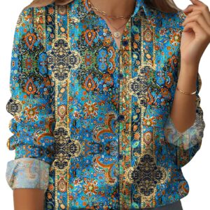 Zeagoo Womens Button Down Shirt Long Sleeve Blouse Business Work Tops Dressy Casual Floral Printed Outfits with Pocket
