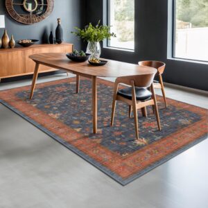 Hazo Haus 6x9 Dining Room Rugs for Under Table - Washable Area Rug for Living Room, Low Pile Non-Slip Rugs for Bedroom - Navy Blue & Terracotta Vintage Boho Eclectic Home Decor