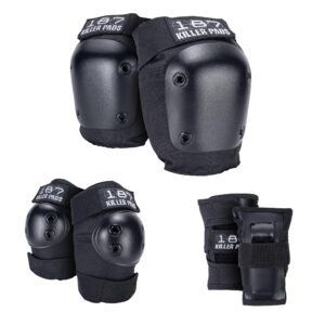 187 Killer Pads Six Pack Pad Set, Protective Gear for Elbows, Knees, and Wrists - Ideal for Skateboarding, Roller Skating, and Inline Skating (Black, Small-Medium)
