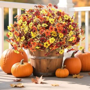 Lcuasc 10 Bundles Fall Fake Mums Flower for Outdoor Decoration,UV Resistant Silk Daisy Artificial Flowers with Eucalyptus for Autumn Garden Patio Yard Window Box Balcony Front Door Planter Decor