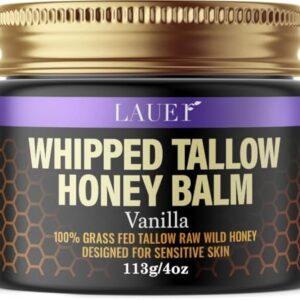 LAUER COSMETIC Whipped Tallow Balm with 100% Grass-Fed Beef Tallow & Raw Wild Honey, Vanilla Body Butter with Niacinamide & Squalane, Face, Body & Lip Moisturizer for Dry & Sensitive Skin, 4 oz