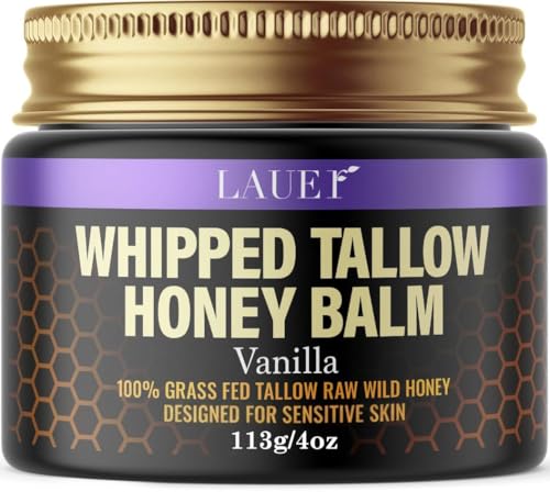 LAUER COSMETIC Whipped Tallow Balm with 100% Grass-Fed Beef Tallow & Raw Wild Honey, Vanilla Body Butter with Niacinamide & Squalane, Face, Body & Lip Moisturizer for Dry & Sensitive Skin, 4 oz